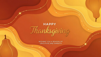 A festive Thanksgiving background with warm orange and yellow wavy abstract shapes, golden text, and stylized gourds, conveying gratitude and warmth.