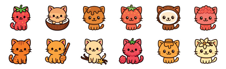 Cute cartoon cats featuring various food themes are depicted in a charming, sweet, and playful vector illustration, showcasing delightful fruit, dessert, and condiment designs