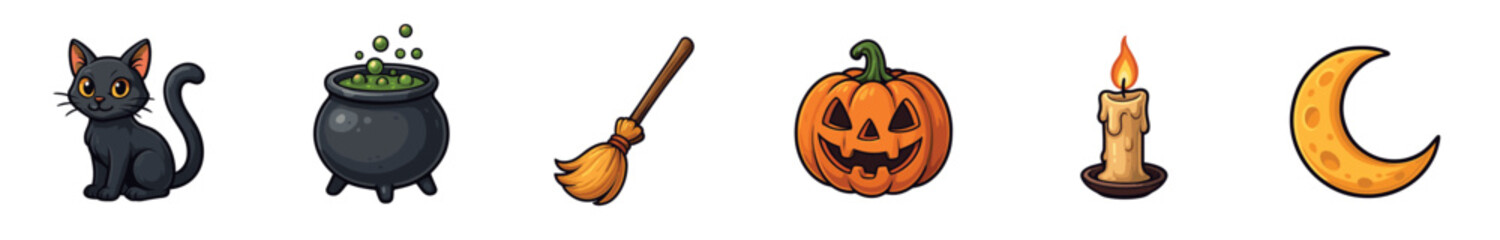 Fototapeta premium Collection of six cartoon Halloween icons, featuring a black cat, bubbling cauldron, witch's broom, jack-o'-lantern, lit candle, and crescent moon, all depicted in a vibrant, playful vector style