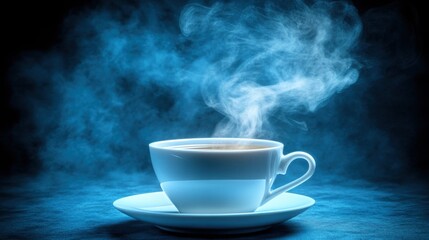 A white cup of hot coffee with steam rising in blue background