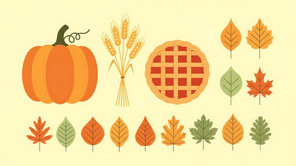 A vibrant collection of autumn and Thanksgiving themed flat design elements including a pumpkin, wheat, pie, and various colorful fall leaves.