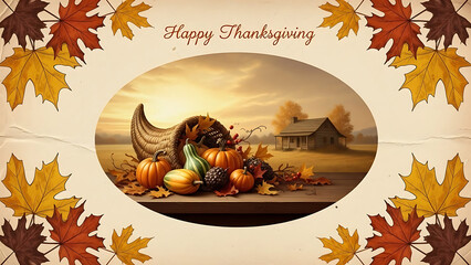 Happy Thanksgiving greeting card featuring a cornucopia filled with autumn harvest produce, pumpkins, and gourds, set against a rustic farmhouse landscape with vibrant fall leaves.