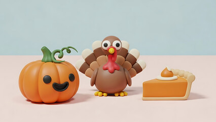 Fototapeta premium Cute claymation pumpkin, turkey, and pumpkin pie slice on a light pink surface, representing Thanksgiving and autumn themes.