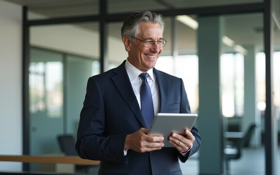 Happy middle aged business man ceo wearing suit standing in office using digital tablet. Smiling mature businessman professional executive manager looking away thinking working on tech device. - Powered by Adobe