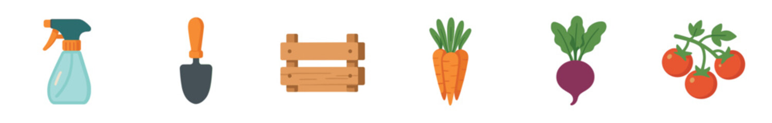 Various gardening tools and fresh vegetables are neatly arranged in a colorful flat design illustration, showcasing essential items for home gardening and healthy eating