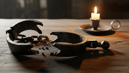 Antique broken iron shackles rest on a rustic wooden surface, illuminated by a single glowing candle, representing liberation.