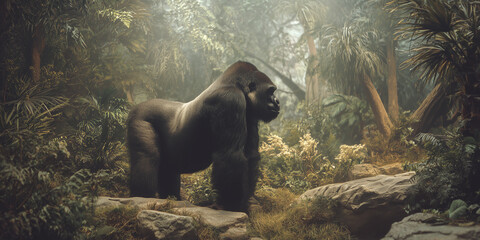 Endangered mountain gorilla in African jungle