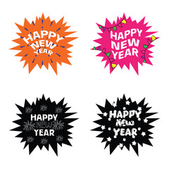 Vibrant New Year text burst bundle featuring bold starburst shapes in multiple colors. Perfect for festive stickers, party graphics, greeting cards, and décor.