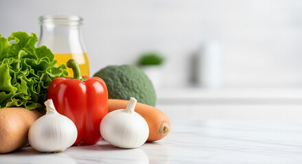 Fresh vegetables including bell pepper, lettuce, and onion on countertop