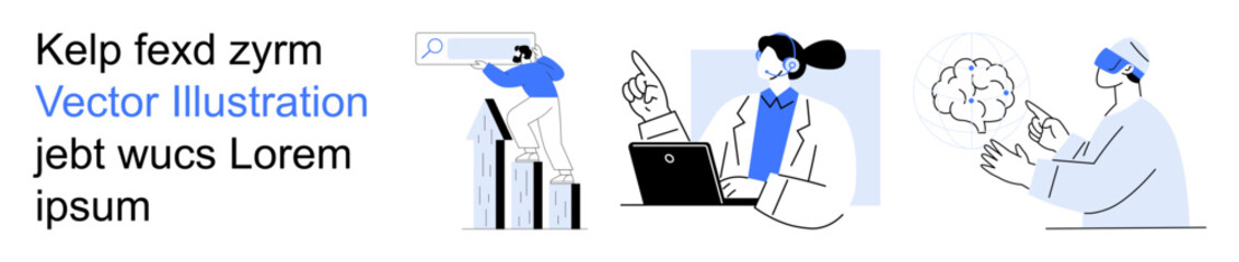 Business growth, online education, virtual reality, data analysis, research, innovative thinking. A person viewing graphs, a professional with a laptop and VR interaction. Business analytics