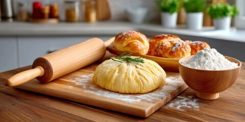 Preparing fresh bread dough with flour and rolling pin