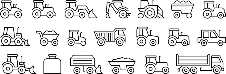 Construction vehicle icons, agricultural machinery set, black line graphics, editable, isolated, tractor, bulldozer, dump truck, loader, backhoe, utility © Sopon Creatives