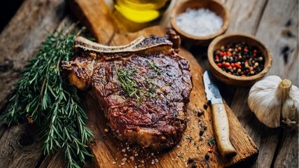 Grilled steak on wooden board herbs spices rich culinary flavor captured with rich cinematic clarity immersive atmosphere and striking emotional depth creating a visually compelling moment i