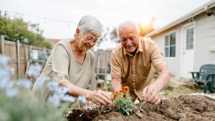 Elderly couple gardening together in peaceful backyard sharing joyful moment captured with rich cinematic clarity creating an immersive visual moment that draws viewers into a compelling sto