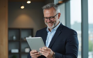 Happy middle aged business man ceo wearing suit standing in office using digital tablet. Smiling mature businessman professional executive manager looking away thinking working on tech device.