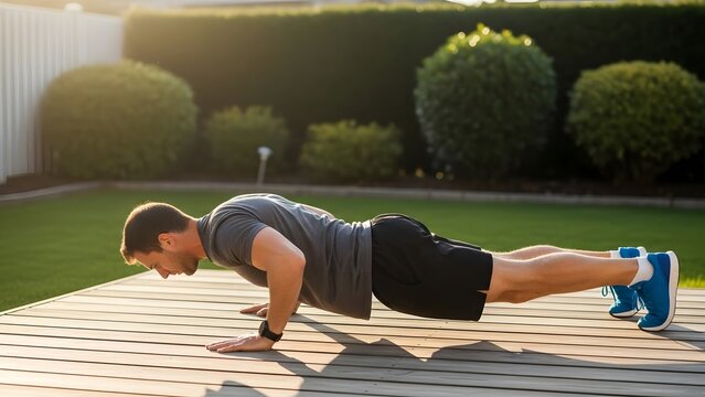 Man performs push-ups outdoors during golden hour, showcasing strength and commitment to a healthy lifestyle on a wooden deck