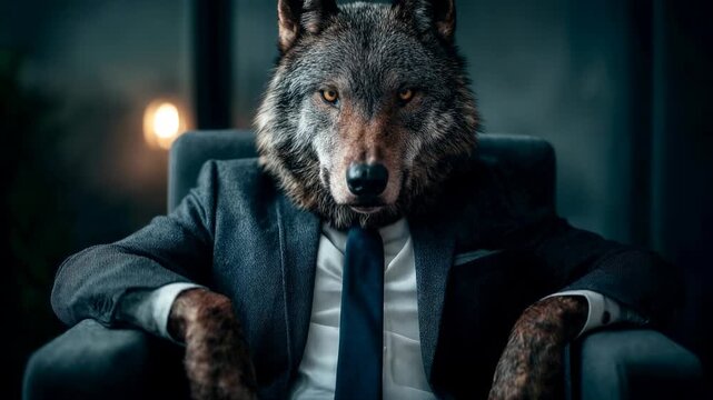 Wolf head character wearing business suit seated in dramatic portrait captured with rich cinematic clarity creating an immersive visual moment that draws viewers into a compelling story fill