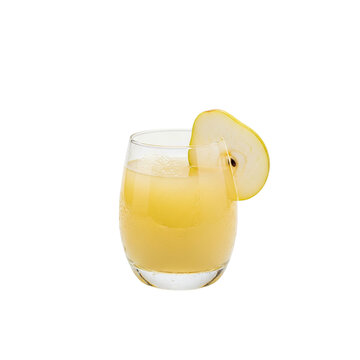 Fresh pear juice in a glass, a cold, healthy citrus beverage for breakfast, isolated on white