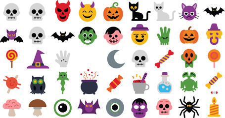 Halloween cartoon icons, spooky vector set, colorful clipart, editable, isolated, pumpkin, skull, bat, witch, monster, candy, festive, fun