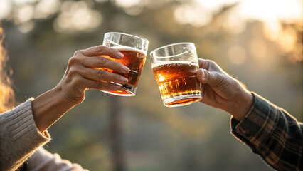 Two people toasting with glasses of amber beer outdoors at sunset or sunrise, celebrating friendship and a refreshing drink in nature