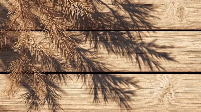 Wooden texture background with pine branch shadows, natural and rustic look, perfect for seasonal, holiday, nature-inspired, eco-friendly, and rustic design or photography projects.
