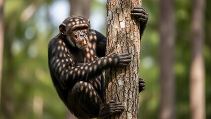 Fototapeta premium Chimpanzee clinging to a tree trunk in a lush forest environment.