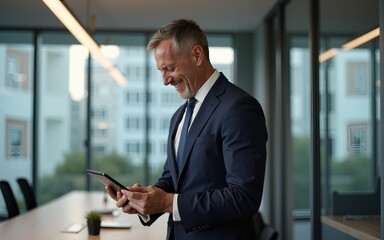 happy middle aged business man ceo wearing suit standing in office using digital tablet smiling mature businessman professional executive manager looking away thinking working on tech device