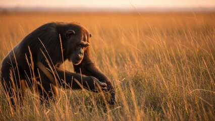Chimpanzee walking through tall golden grass at sunset in an African savanna.