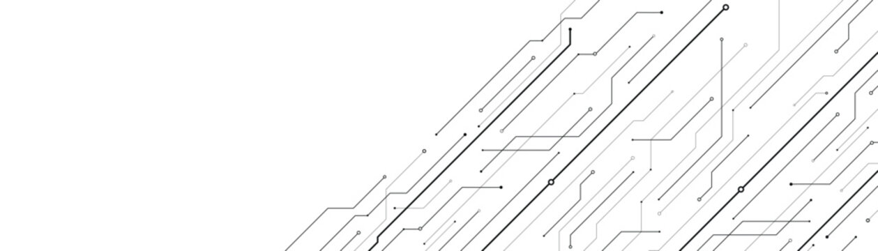 Abstract microelectronics circuit board. Diagonal pattern of lines and dots. Technology design. White background.