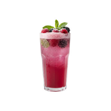 raspberry soda in tall glass, pink bubbles, fresh berries garnish
