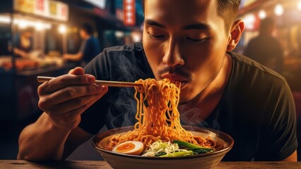 Young asian man eating steaming ramen noodles with chopsticks. Authentic street food experience at a night market. Traditional japanese cuisine and culture.