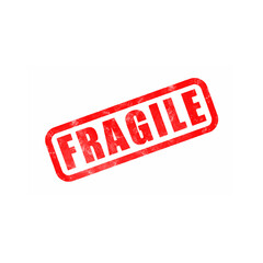 Red “FRAGILE” stamp label with distressed texture, isolated on white background, symbolizing caution and delicate package handling.