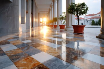 Naklejka premium Sun beaming on marble floor colonnade with potted trees