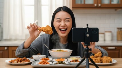 Happy asian woman creating social media content for vlog. Girl recording video with phone, showing fried chicken and food. Food blogger concept.