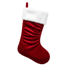 Red velvet stocking with white fur edge, isolated