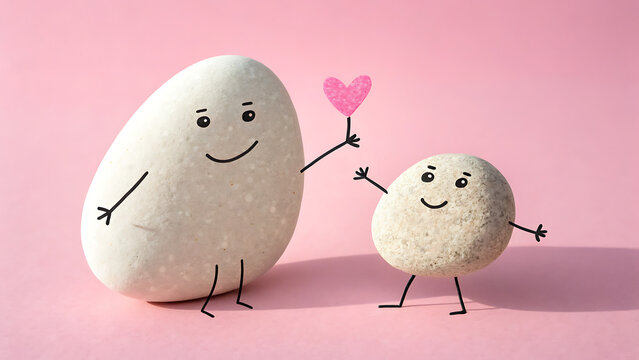 Cute handdrawn cartoon faces on two white stones, one large and one small, holding a pink heart, symbolizing love and family, on a soft pink background