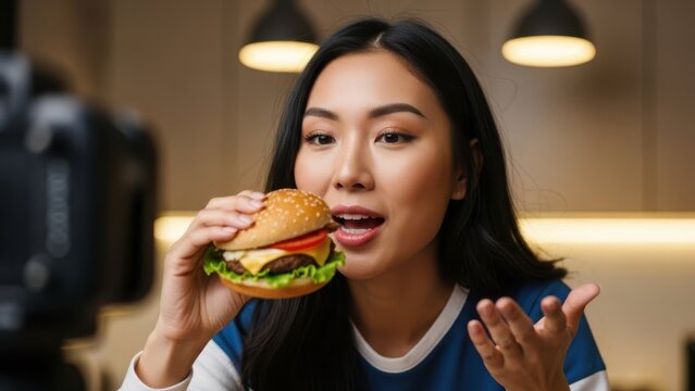 Young asian woman recording video while eating burger. Food blogger streaming live via camera. Social media content mukbang concept.