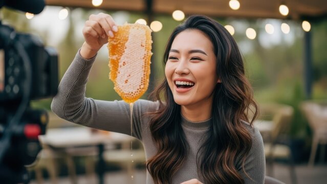 Woman blogger holding honeycomb and smiling broadly. Female vlogger creating social media content about natural product and healthy food. 