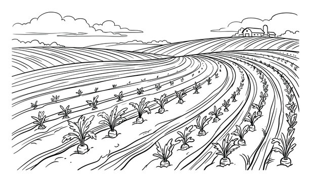 Agricultural scenery with planted fields, farmhouse, and barn under a cloudy sky line art