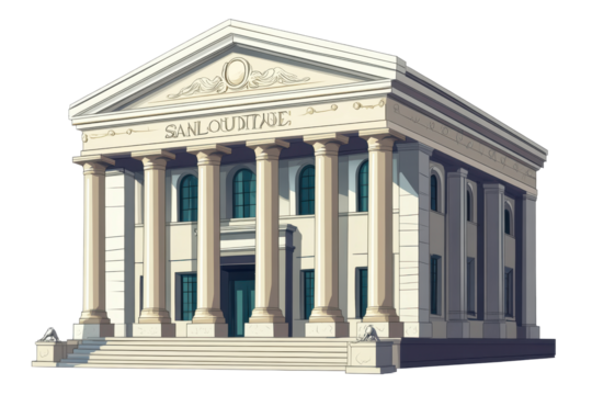 Classical government building with columns isolated on transparent background. Stylized cartoon depiction of a classic bank or court building isolated on white background. - Powered by Adobe