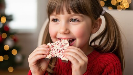 Young girl happily eating peppermint bark. Child enjoying a festive Christmas treat. Holiday snack for kids and celebration concept.