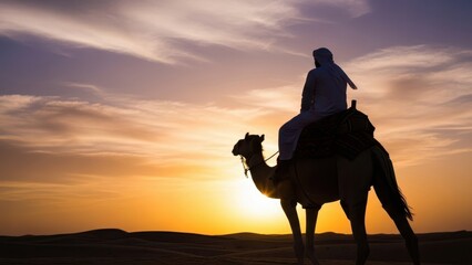 Man riding camel trekking across a desert at sunset. Silhouette of a traveler on a camel in a vast landscape. Adventure travel concept.