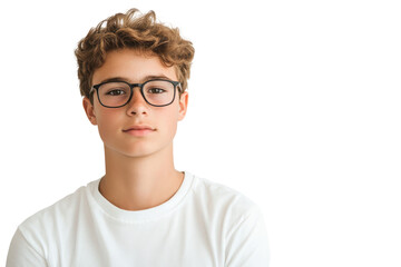 Fototapeta premium Young boy wearing glasses and a white t-shirt isolated on transparent background. Teen boy with glasses poses in front isolated on white background.
