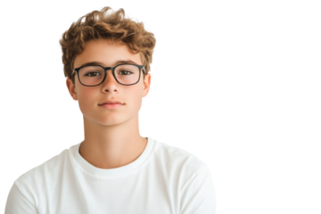 Young boy wearing glasses and a white t-shirt isolated on transparent background. Teen boy with glasses poses in front isolated on white background.