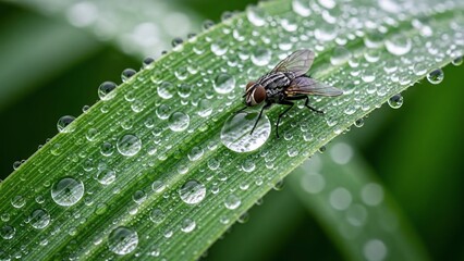 Fototapeta premium Close-up of a fly on a vibrant green leaf covered in glistening water droplets after rain.
