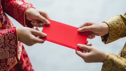 Two people exchanging a red envelope, a traditional gesture of gifting money or blessings during Chinese New Year and other celebrations.