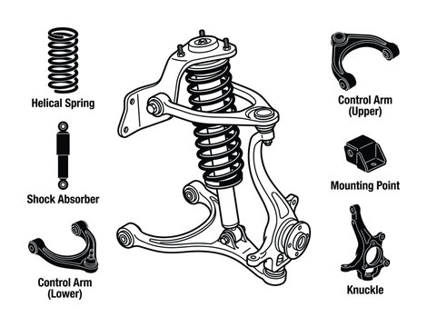 Automotive suspension parts. Helical spring, shock absorber, control arms, and knuckle. Vehicle components. Mechanical diagram.