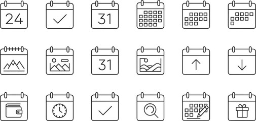 Calendar line icons set, schedule, date planning, reminder, events, task management, appointment booking, timeline organizer for web, app, infographic templates