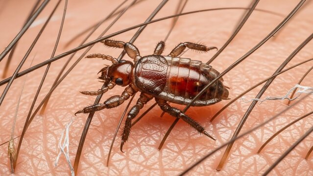 Close-up of a human pubic louse clinging to skin and hair.
