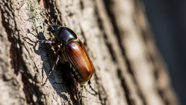 Close-up of a June beetle on a tree trunk in natural light.